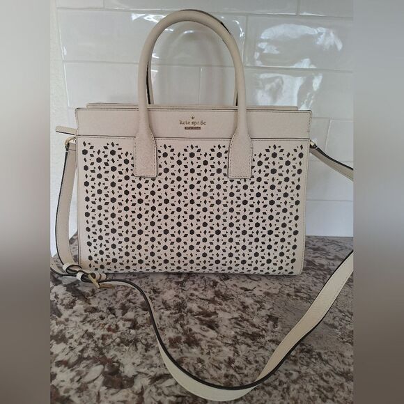 Kate Spade Cream Leather  Perforated Floral Tote Shoulder Bag, Crossbody - Picture 1 of 14